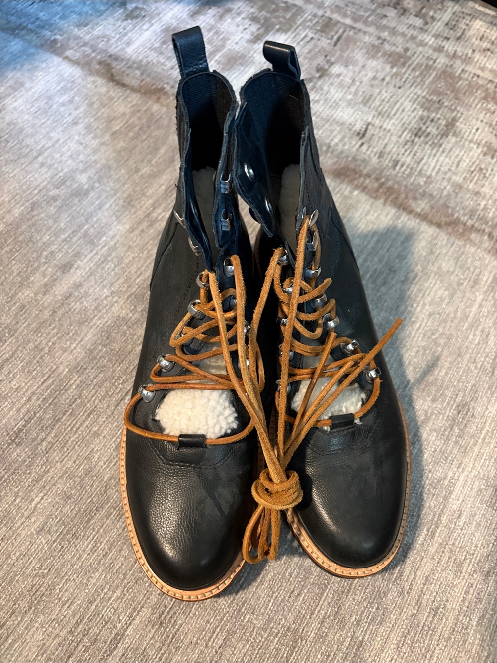 Marc Fisher Izzie Black Leather Lace-Up Ankle Boots with Shearling Trim